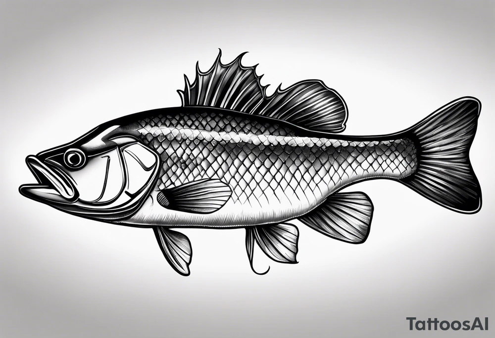bass fish, its tail turns into a fishing hook tattoo idea