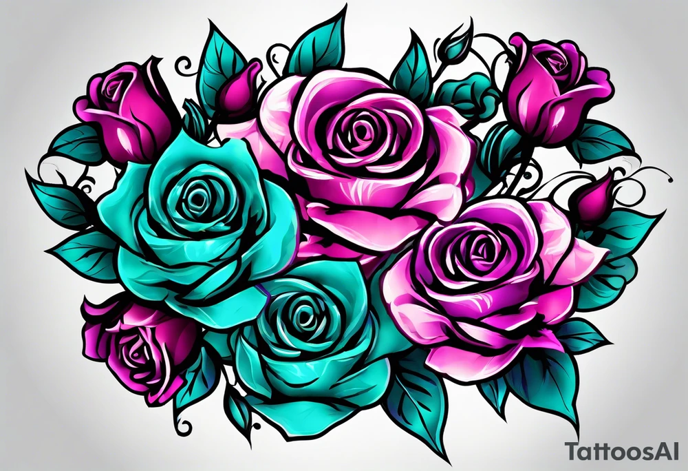 Dad 05-22-50 to 06-07-14, roses, teal, pink, purple tattoo idea