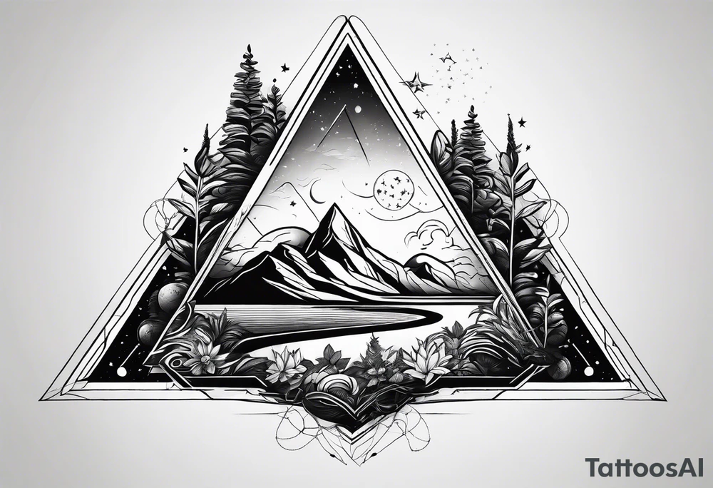 thick line art of space and nature in triangle tattoo idea
