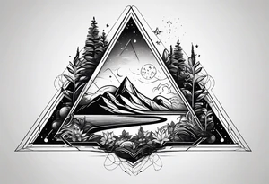 thick line art of space and nature in triangle tattoo idea