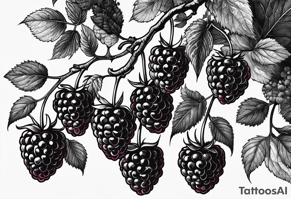 a single long raspberry branch with lots of leaves that is hanging upside down in black and white tattoo idea