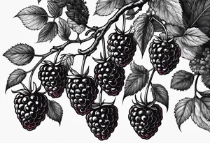 a single long raspberry branch with lots of leaves that is hanging upside down in black and white tattoo idea