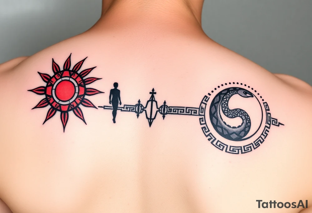 Black and red neo-tribal Greek meander tattoo band, forearm wrap-around design. Left: red tribal sun with spikes, abstract running figures. Right: black moon with dotwork, ouroboros snake. Symbols integrated into sharp geometric meander pattern. Clean line art, no background tattoo idea