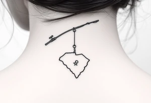 Girly fishing rod with something showcasing South Carolina state dangling from it tattoo idea