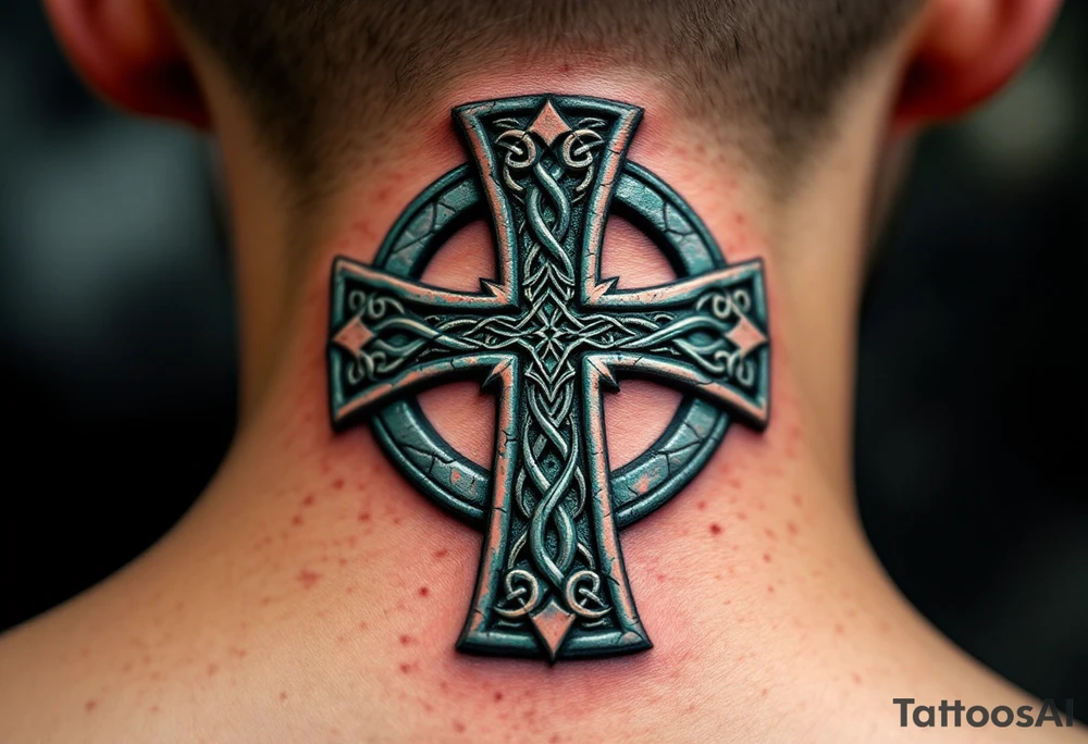 A rugged stone-textured Celtic cross, weathered with cracks and mossy green highlights for an ancient feel. tattoo idea