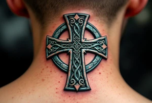 A rugged stone-textured Celtic cross, weathered with cracks and mossy green highlights for an ancient feel. tattoo idea