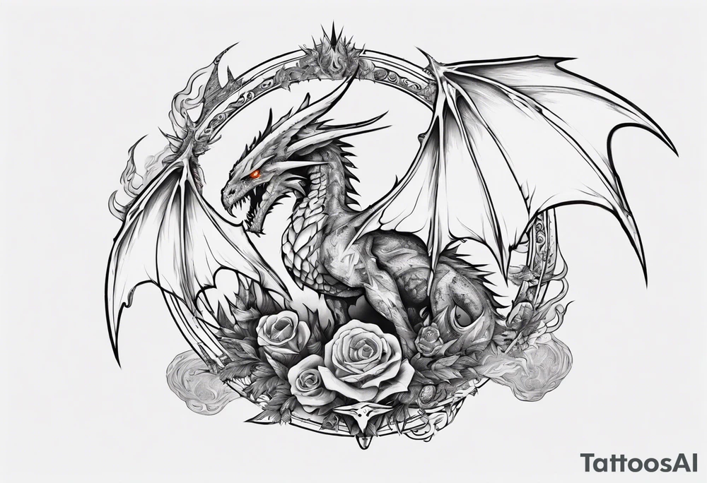 a sward with a wyvern wrapped upon its top with fire and mystical items all around tattoo idea