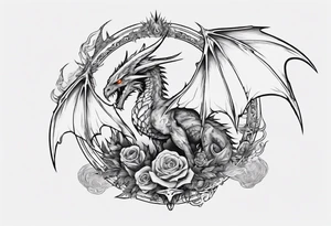 a sward with a wyvern wrapped upon its top with fire and mystical items all around tattoo idea