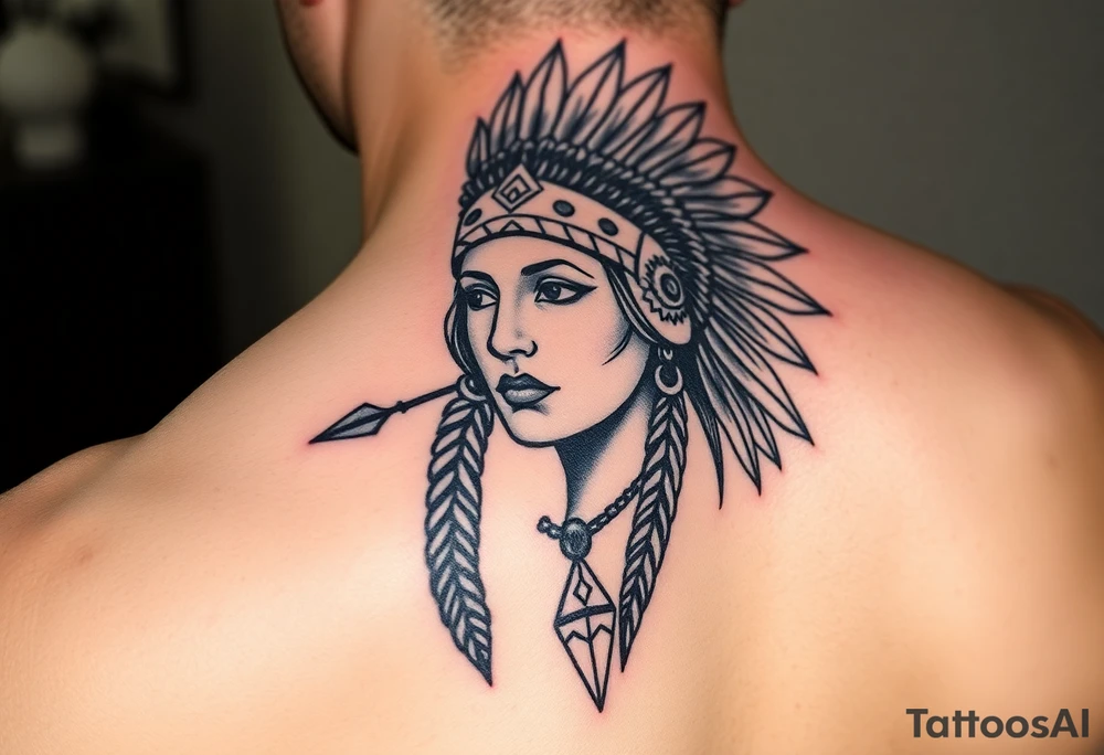 Native American girl with headdress the sun and arrowhead tattoo idea