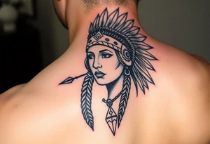 Native American girl with headdress the sun and arrowhead tattoo idea