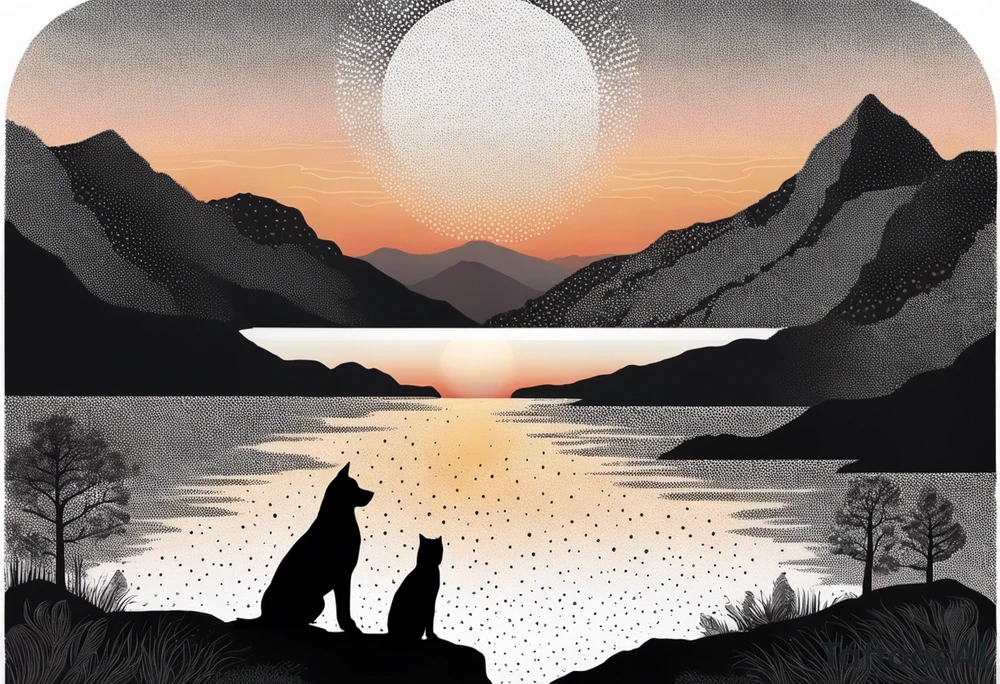 nature, sunset, mountains, a father and son sitting with their dog and cat 
by the water tattoo idea