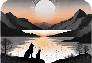 nature, sunset, mountains, a father and son sitting with their dog and cat 
by the water tattoo idea