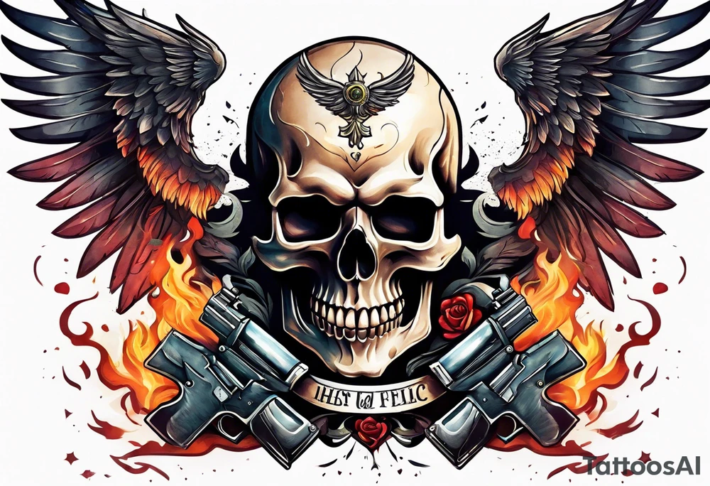 skull with a gun dominated by a  heart with wings and  flames coming out of the top of it tattoo idea