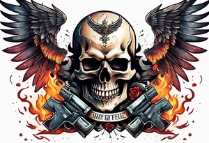 skull with a gun dominated by a  heart with wings and  flames coming out of the top of it tattoo idea