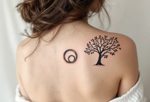 Two matching couples man and women tattoos black tree rings with a splash of green leaves tattoo idea