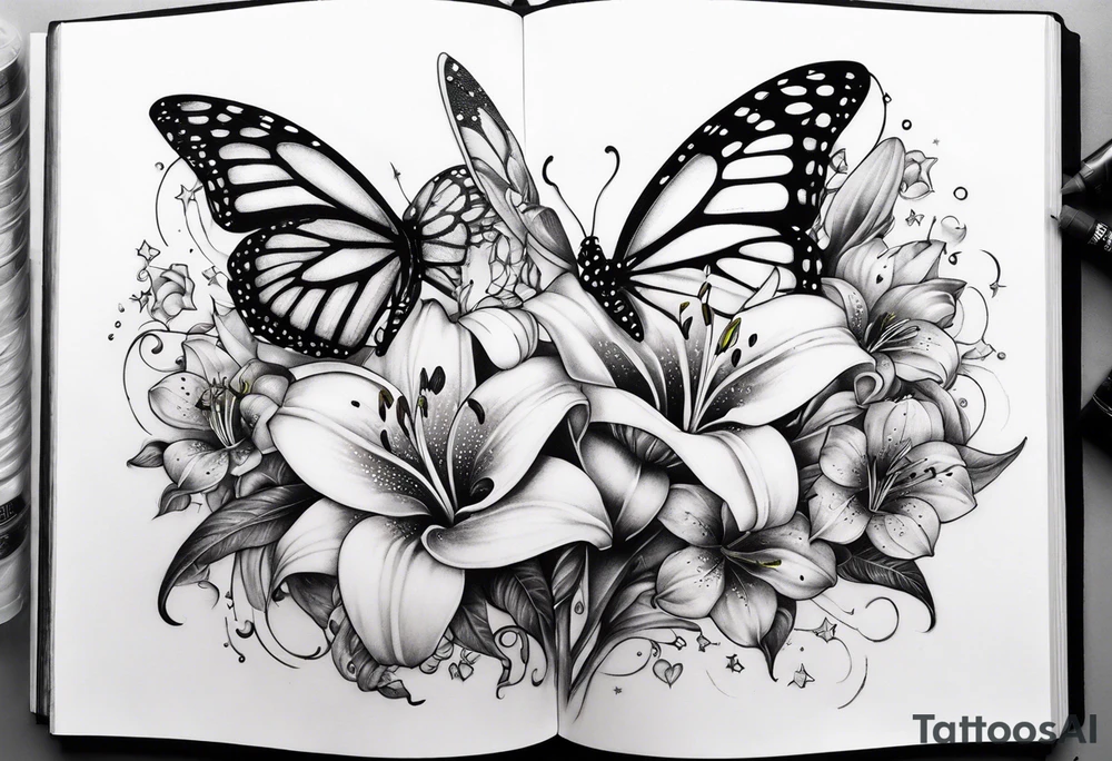 Harvey Ruby lillies flowers butterflies stars fantasy books half sleeve no person face books fantasy tattoo idea