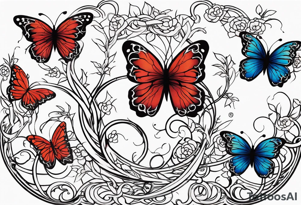 444 tattoo intertwine with vines and a butterfly tattoo idea