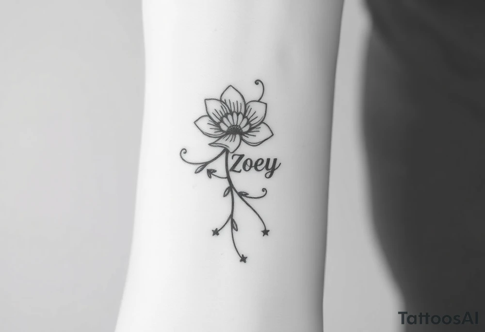 I want it on my wrist. I want a beautiful flower on the inside of my wrist with tendrils down the inside of my arm with little delicate stars or motes and the name Zoey

Why are you showing it on a back? I want it on the inside of my wrist

I want it to be a little smaller. I want the lines to be super fine. I want more organic delicate tendrils. The name Zoey should be about 3" up on the inside of my arm 

I just want the tendrils to look more natural and flowy and graceful.
I do not want stars in it anymore. 
Please show it on the inside of the wrist with the blossom just below the palm and the tendrils curling up the inside of the arm. I want a little more tendrils with some little sparkles very delicate leading to the name
More options. Make it super delicate and graceful. The tendrils can have tiny delicate leaves 

It needs to be on the underside of the wrist on the inside flowing up the arm tattoo idea