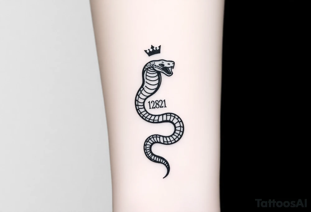 I want a small simple silhouette lines black and white wrist majestic royal snake tattoo that has number 12821 on its body along and also I want it to represent feminine energy crown queen Cycle tattoo idea