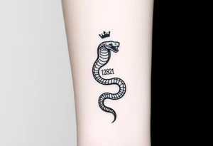 I want a small simple silhouette lines black and white wrist majestic royal snake tattoo that has number 12821 on its body along and also I want it to represent feminine energy crown queen Cycle tattoo idea