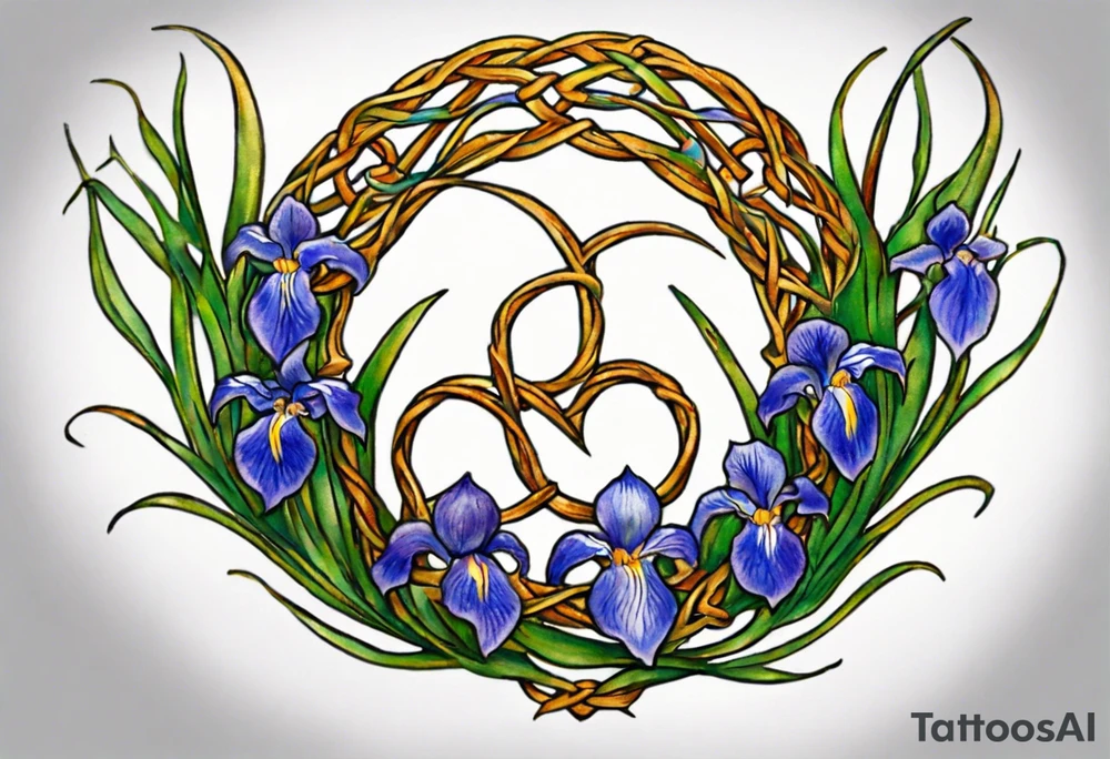 Create a colorful small Vincent van Gogh Irises tattoo with Celtic knots. The tattoo should take the form of a crescent, with vines gracefully intertwining at a central point in the middle of the wreath. Ensure that the design avoids the appearance of a bush and maintains a more structured and deliberate arrangement. The intended placement is on the upper chest. The overall design should be small in size while maintaining a delicate and artistic aesthetic. Pay attention to the graceful flow of the vines and the placement of the irises to achieve a refined and elegant look tattoo idea