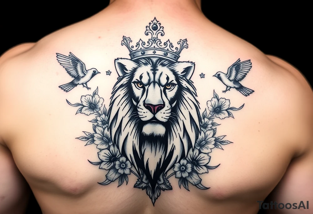 powerful majestic lion with a crown, surrounded by floral ornaments and birds tattoo idea