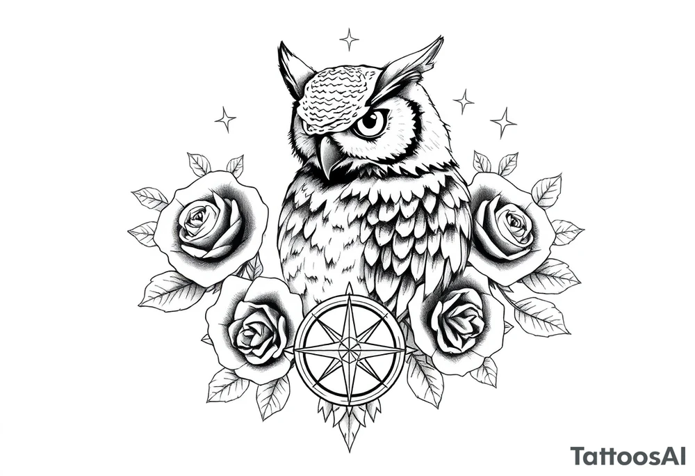 an owl,compass,roses,stars. tattoo idea