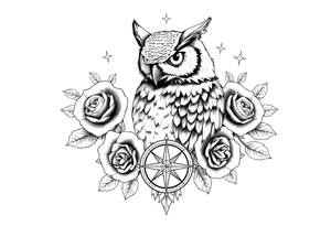 an owl,compass,roses,stars. tattoo idea
