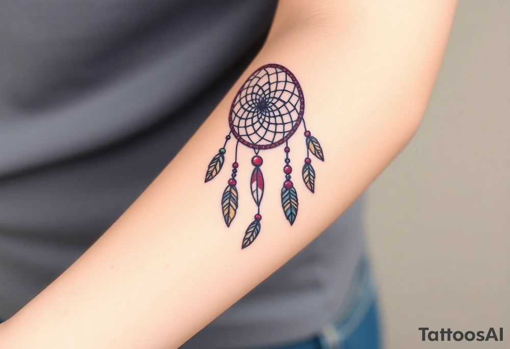 native dreamcatcher with flowing feathers and sacred beads tattoo idea