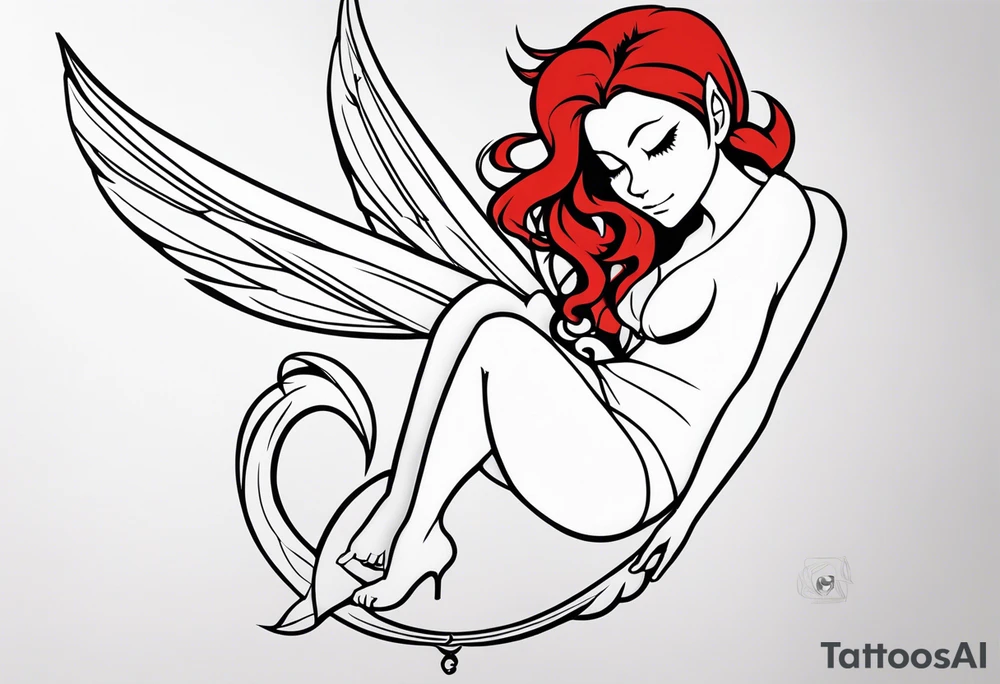 No color fairy with a tail inspired by the logo of the anime show called Fairy Tail in a fetal position leaning in and forward while in the air floating and sleeping tattoo idea