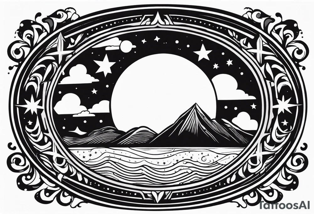 circle vignette frame surrounded by stars clouds simple tattoo idea