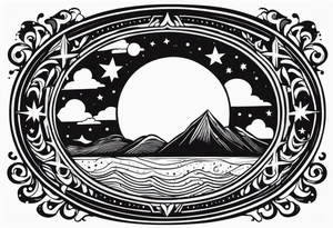 circle vignette frame surrounded by stars clouds simple tattoo idea