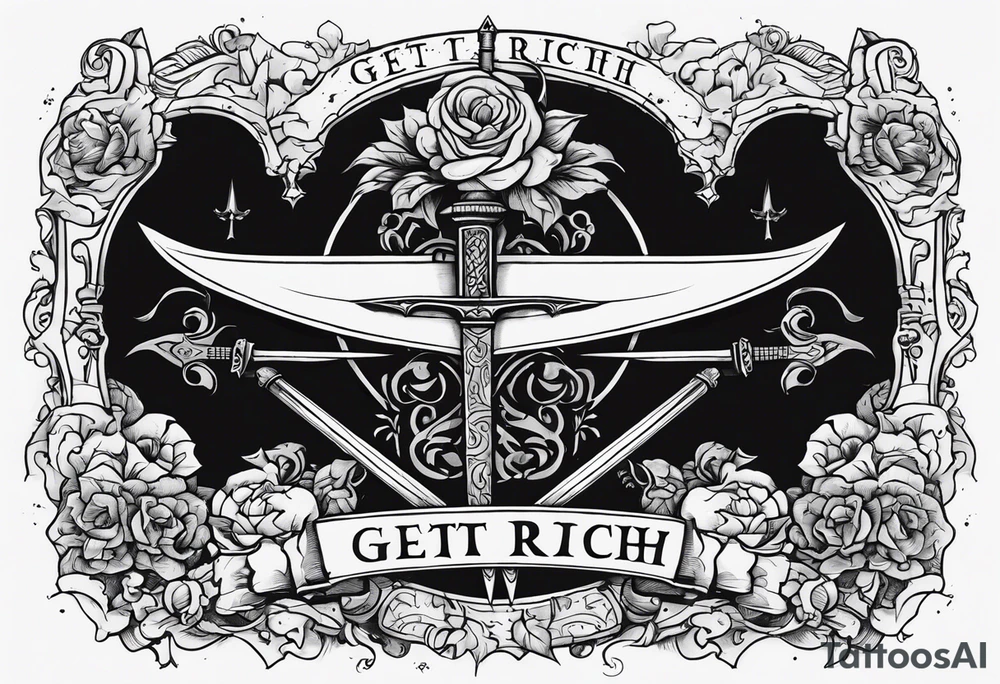 Sketch of a sword in gothic style with added creepy elements and the inscription “get rich” tattoo idea