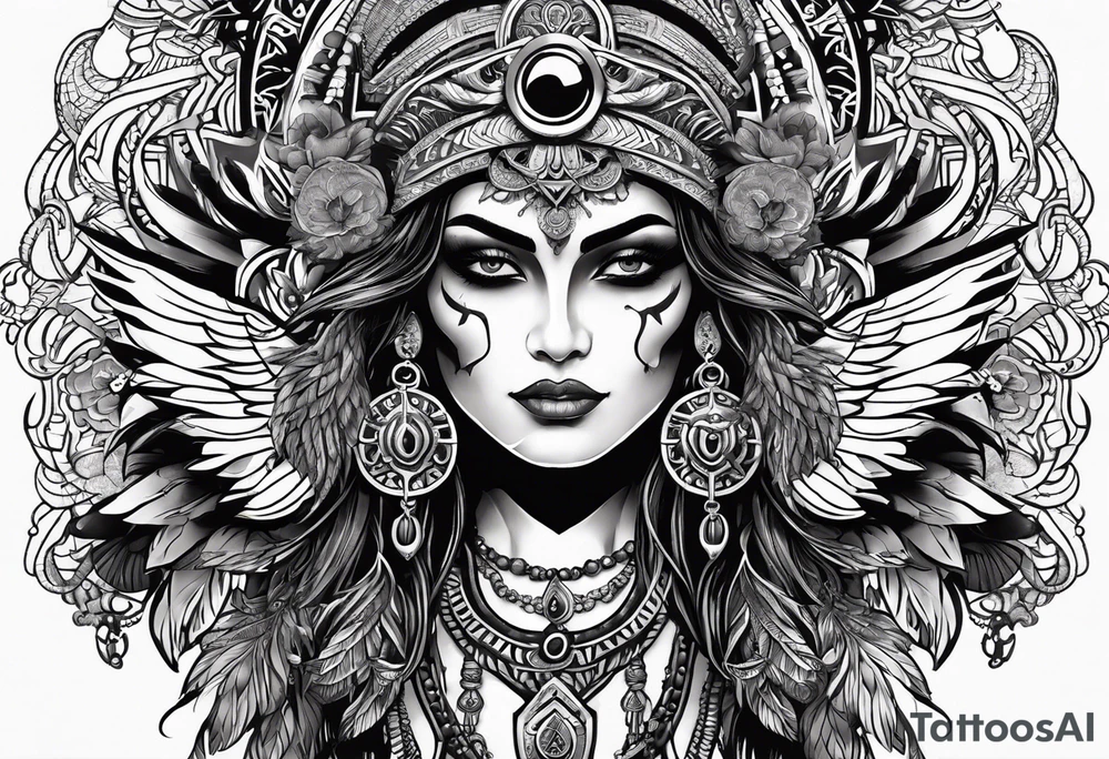 kali, goddess pirate, pachamama, warrior, skull, lotus, wing, eagle, zenza resonance tattoo idea