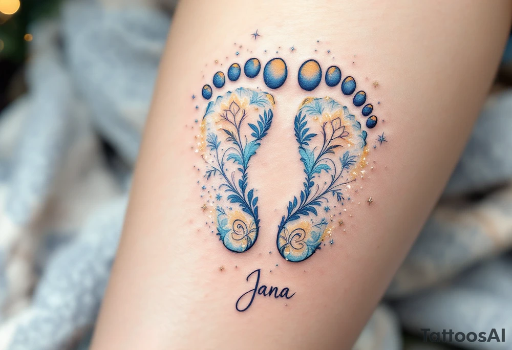 Pale blue and soft yellow footprints of Jana, surrounded by tiny sparkles to highlight her sparkling personality. tattoo idea