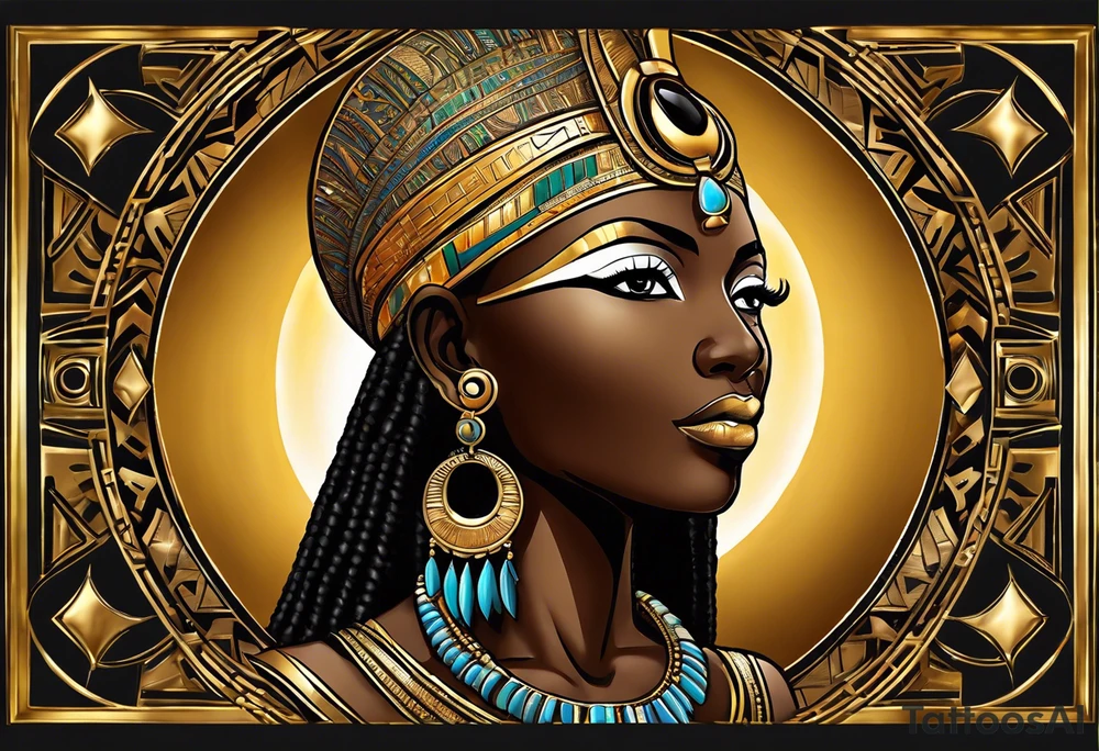 African Goddess wearing the eye of Horus in the center of her forehead and the ankh symbol necklace in gold with the sun on one side behind her and the moon on the opposite side behind her tattoo idea