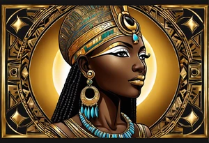 African Goddess wearing the eye of Horus in the center of her forehead and the ankh symbol necklace in gold with the sun on one side behind her and the moon on the opposite side behind her tattoo idea