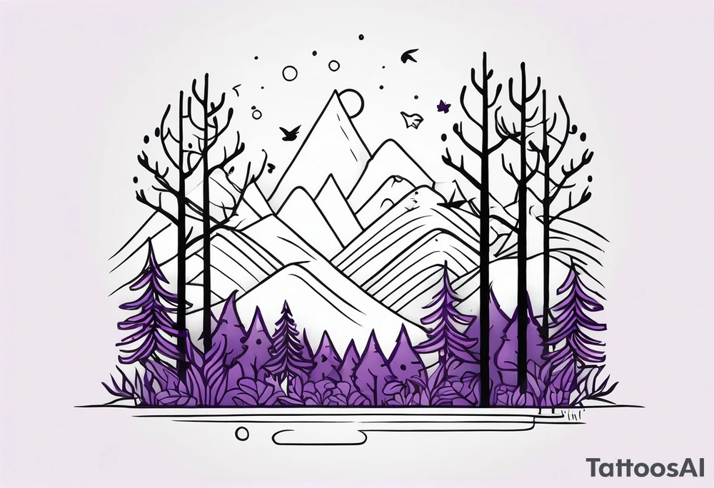 forest, lineswork, purple and black, on hand tattoo idea