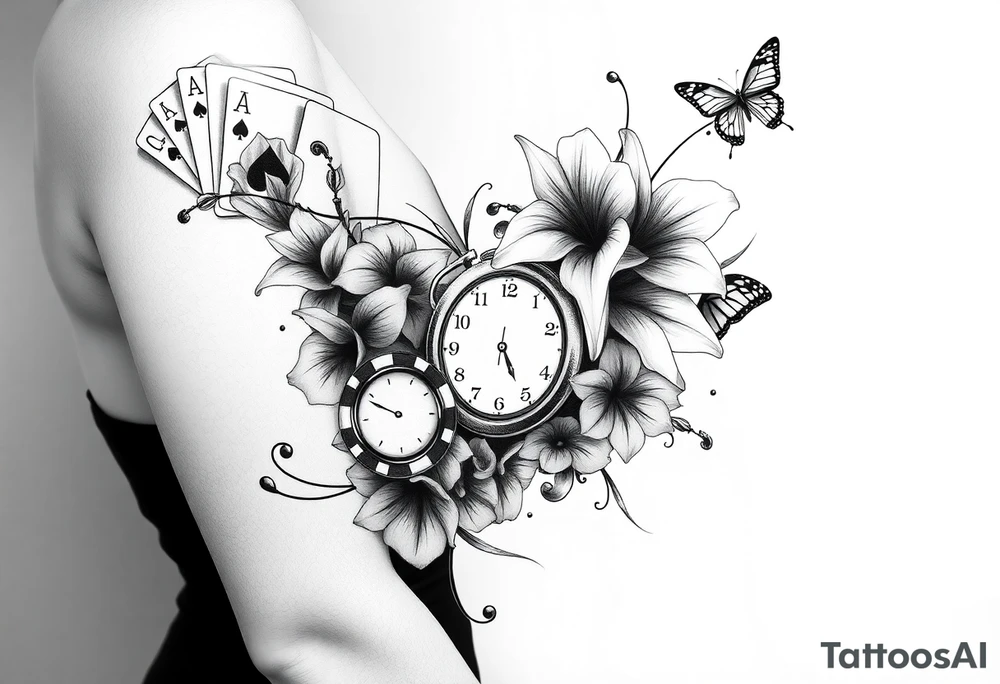 Casino only theme , poker chips deck of cards dice a pocket watch
 with lily flowers
 with raindrop swirls and butterfly’s tattoo idea