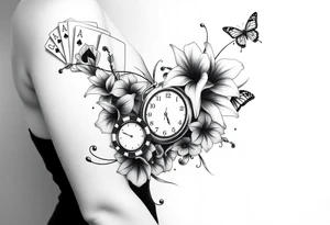 Casino only theme , poker chips deck of cards dice a pocket watch
 with lily flowers
 with raindrop swirls and butterfly’s tattoo idea