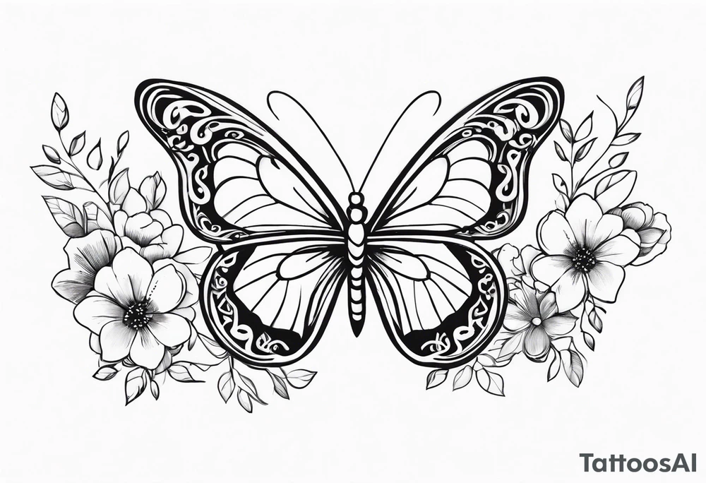 Butterfly with flowers and hearts sternum tattoo tattoo idea