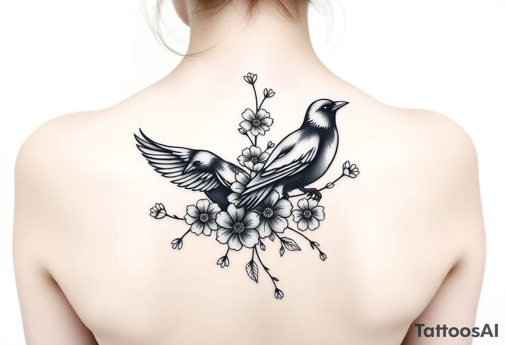 crows with flowers tattoo idea