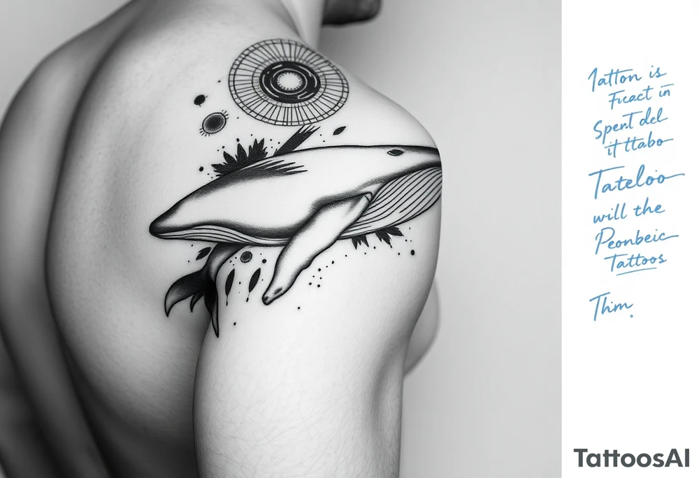 “A realistic-style humpback whale swimming forward across the upper bicep, with its tail transitioning into abstract brushstrokes and artistic smudges. Background includes sacred geometric shapes (circles, triangles, lines) integrated subtly, and a detailed Maori/Polynesian tribal tattoo only on the shoulder area. Add expressive blue calligraphic scribbles – more like ink gestures than text. tattoo idea