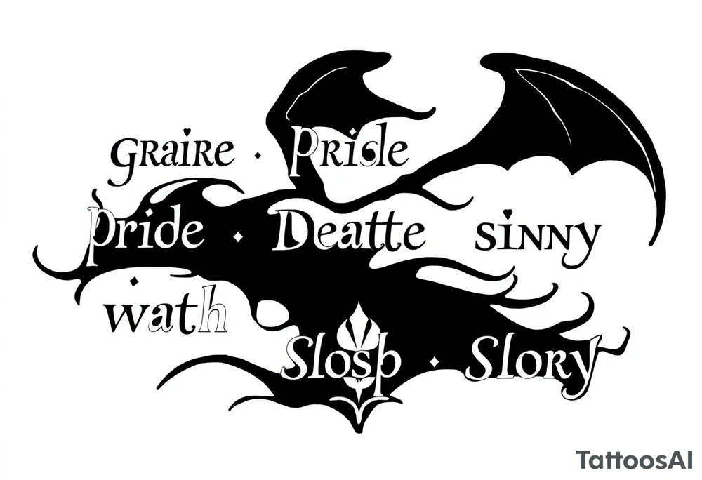 powerful sexy seven deadly sins stencil  with words greed, pride, gluttony, wrath, lust, sloth and envy, with a darkness kind of feeling tattoo idea