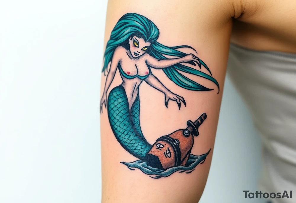 Siren’s Doom – A beautiful yet sinister mermaid with long, flowing sea-green hair, sharp black claws, and piercing glowing yellow eyes. Her serpentine tail wraps around a drowning pirate, pulling him into the abyss. tattoo idea