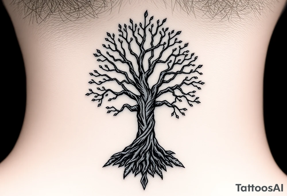 mystical tree of life with cosmic roots and celestial branches tattoo idea