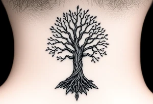 mystical tree of life with cosmic roots and celestial branches tattoo idea