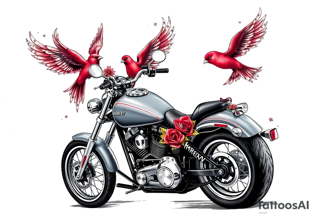 Harley grey motorcycle driving away, two red birds flying, roses, flames, angel wings tattoo idea