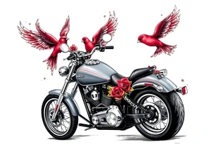 Harley grey motorcycle driving away, two red birds flying, roses, flames, angel wings tattoo idea