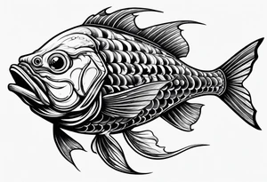 "A large aggressive looking fish riding in war machine, with bold lines tattoo idea